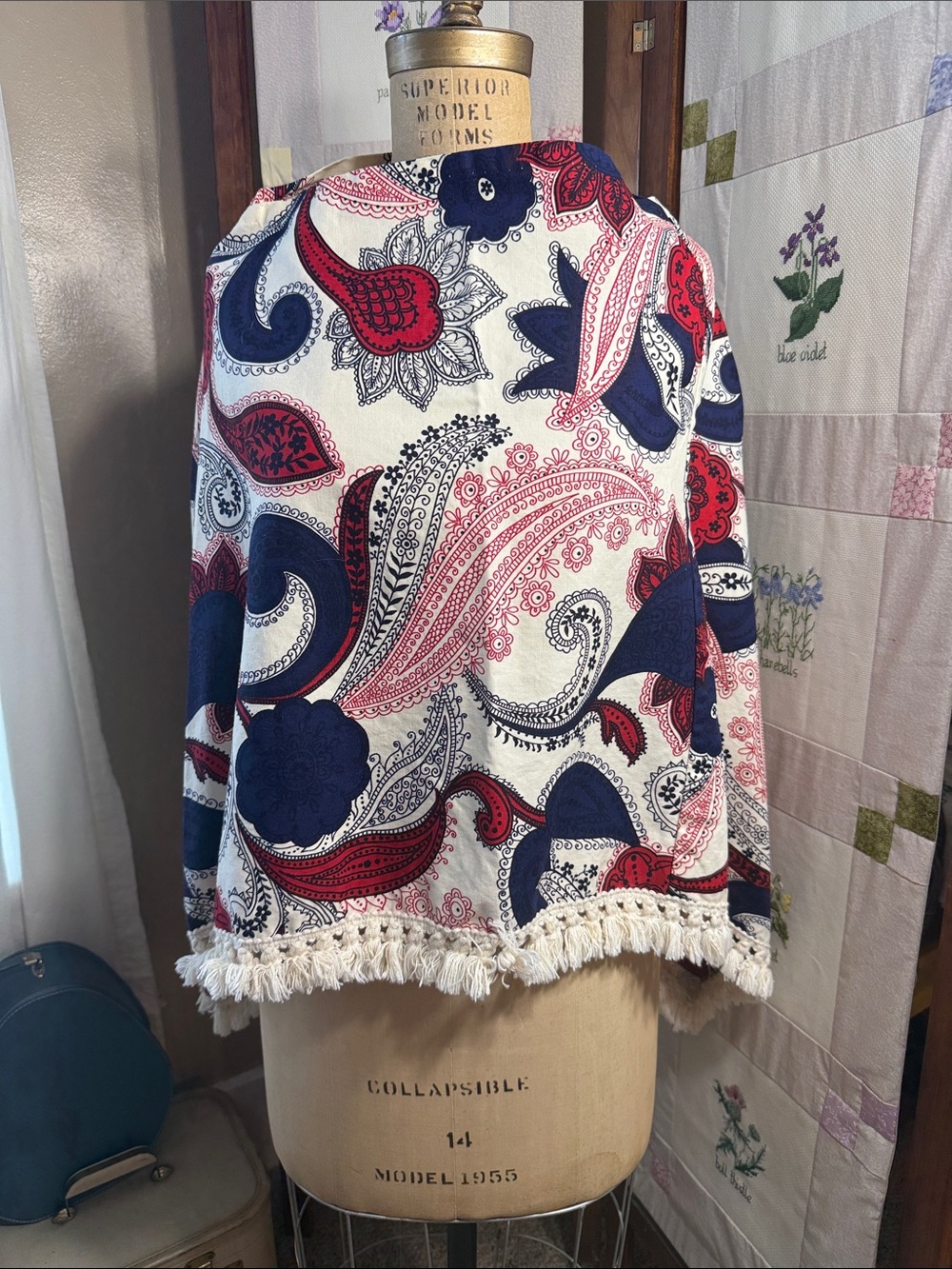 Vintage Handmade 1970s Paisley Ruana Cape Wrap Boho Fringe Shawl Red White Blue